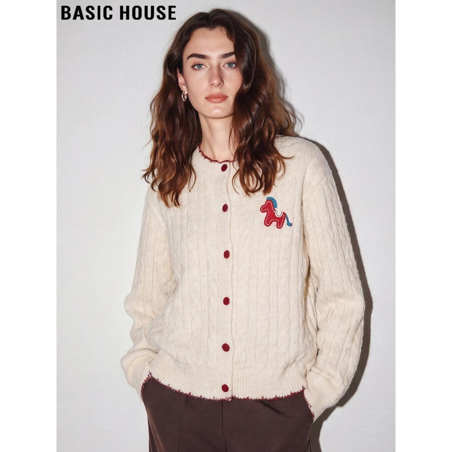Basic House/百家好撞色小马针织开衫女2026春季新款减龄麻花毛衣