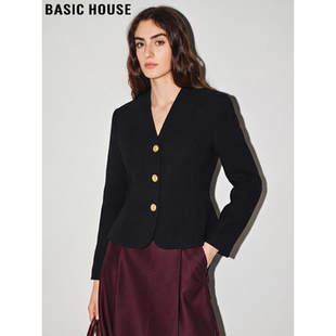 Basic House/百家好黑色V领西装外套女2026春季新款收腰短款西服