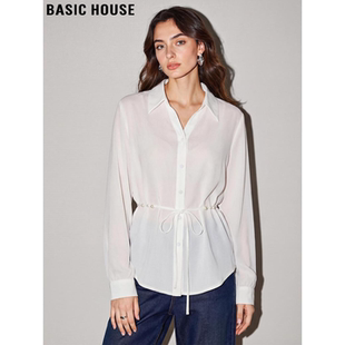 新款 Basic 女士2026春季 百家好天丝收腰系带白衬衫 翻领衬衣 House