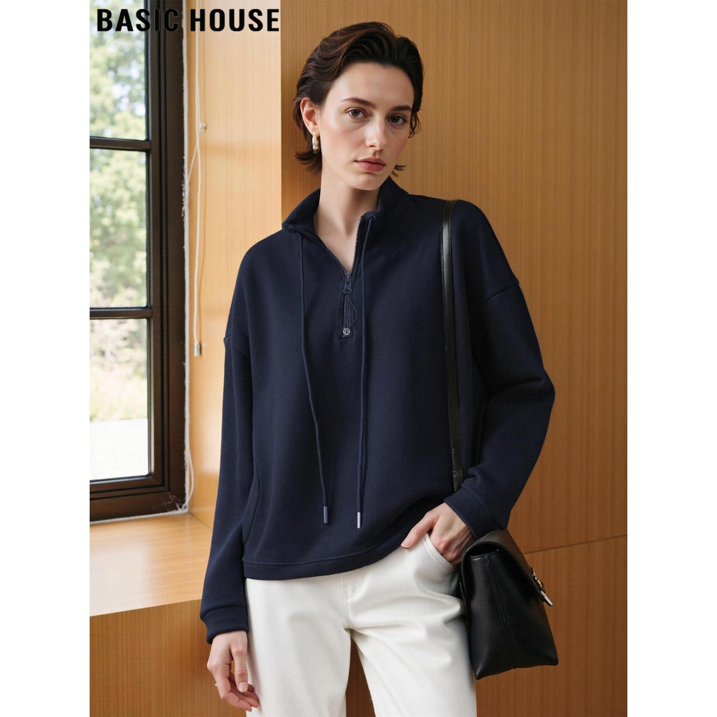 百家好半拉链抽绳立领藏蓝色卫衣