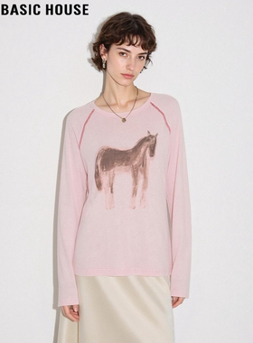 Basic House/百家好粉色小马天丝长袖T恤女2026春季新款慵懒上衣