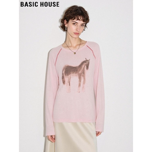 新款 Basic T恤女2026春季 百家好粉色小马天丝长袖 慵懒上衣 House