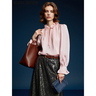 Basic House/百家好法式粉色衬衫女2026春季新款花边领泡泡袖上衣
