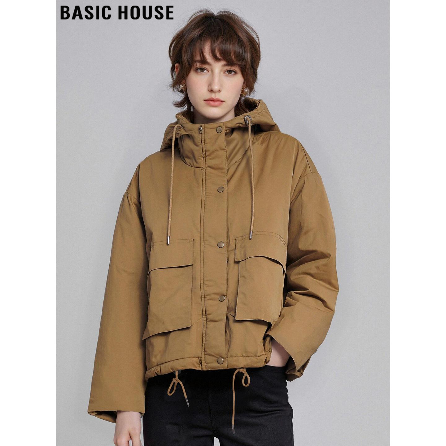 美式卡其色加厚连帽工装棉服外套