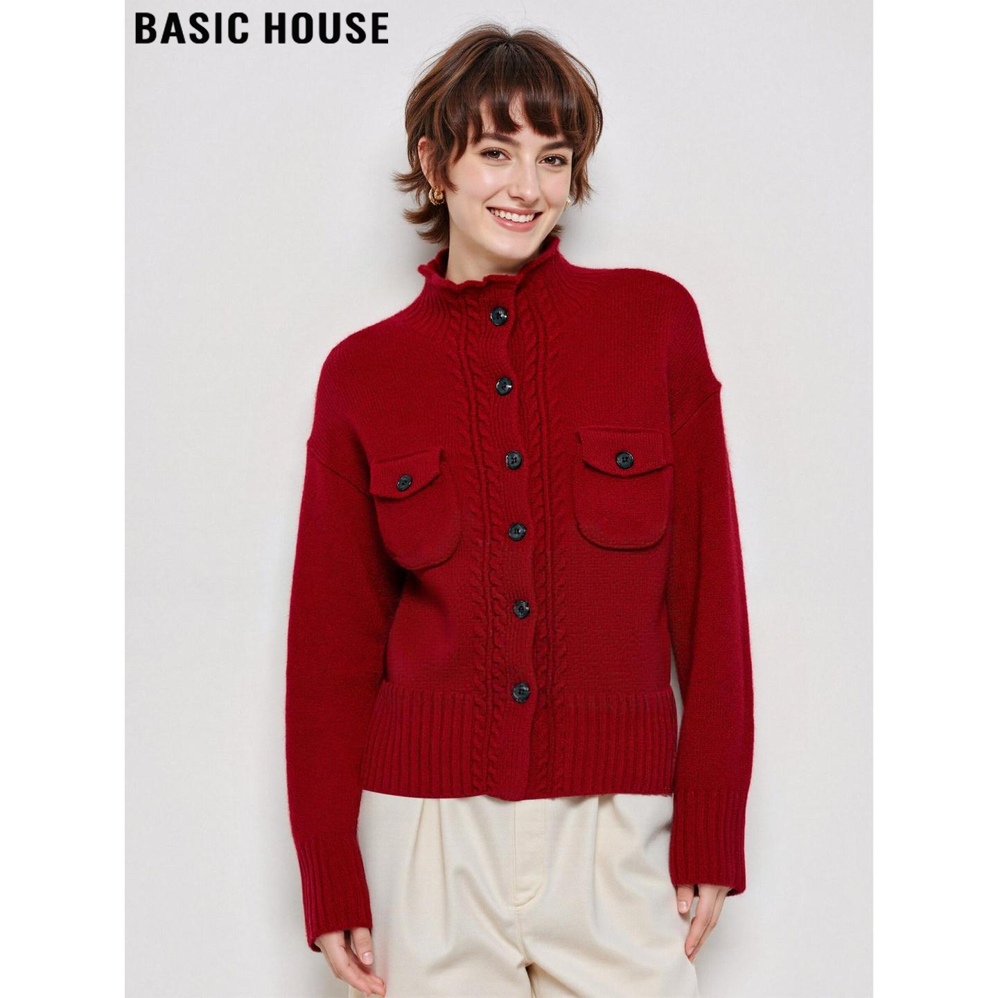 Basic House/百家好100%羊毛新年红立领针织开衫女冬加厚毛衣外套