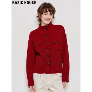 Basic House/百家好100%羊毛新年红立领针织开衫女冬加厚毛衣外套