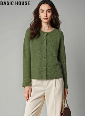 Basic House/百家好复古绿色羊毛针织外套女2025秋冬圆领毛衣开衫