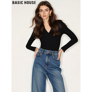 House 新款 百家好黑色V领长袖 女2026春季 内搭T恤上衣 打底衫 Basic