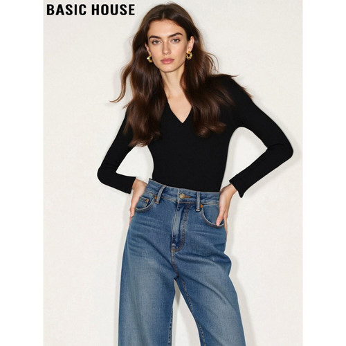 百家好黑色V领长袖打底衫内搭T恤