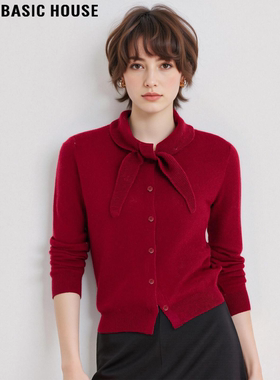 Basic House/百家好系带领红色100%羊毛毛衣女冬季新年战袍针织衫