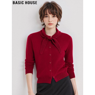 新年战袍针织衫 百家好系带领红色100%羊毛毛衣女春季 House Basic
