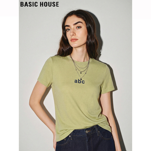 T恤女士夏季 百家好绿色圆领短袖 含天丝字母印花上衣 House Basic