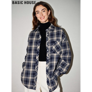 House 叠穿长袖 百家好藏青色格子衬衫 新款 衬衣 女士2026春季 Basic