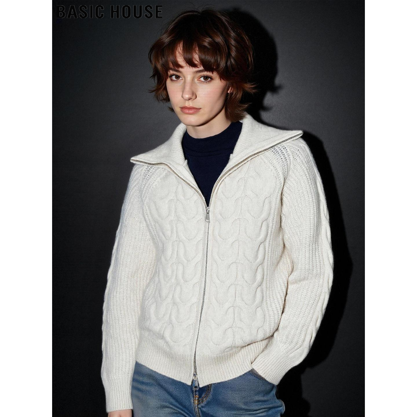 100%羊毛白色针织开衫毛衣外套女