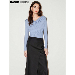 女2026春季 Basic 荡领针织衫 百家好法式 不规则气质收腰上衣 House