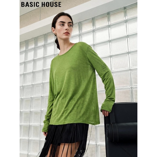 Basic House/百家好果绿色圆领长袖T恤女夏季薄款慵懒风防晒罩衫