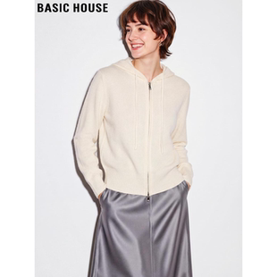 Basic House/百家好连帽拉链针织开衫女2026春季新款宽松休闲外套