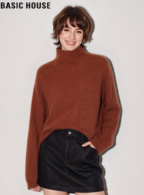 Basic House/百家好咖色100%羊毛半高领针织衫女冬季内搭软糯上衣
