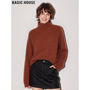 Basic House/百家好咖色100%羊毛半高领针织衫女冬季内搭软糯上衣