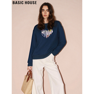 套头休闲上衣 百家好宝蓝色印花圆领卫衣女士2025冬季 Basic House