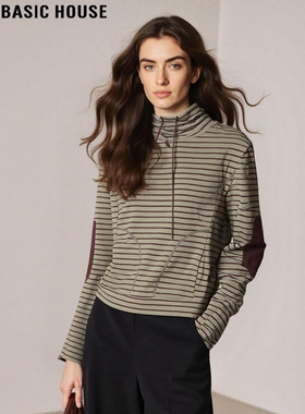 Basic House/百家好美式条纹高领T恤女2026春季新款抽绳打底上衣