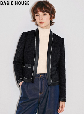 Basic House/百家好黑色西装毛呢外套女冬小个子短款羊毛呢子西服