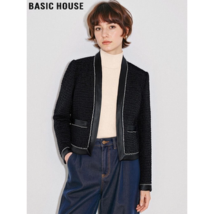 Basic House/百家好黑色西装粗花呢外套女冬季小个子羊毛呢子西服