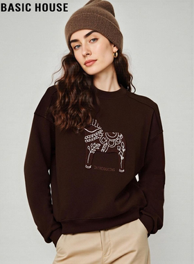 Basic House/百家好咖色刺绣圆领卫衣女冬季美拉德加绒加厚打底衫