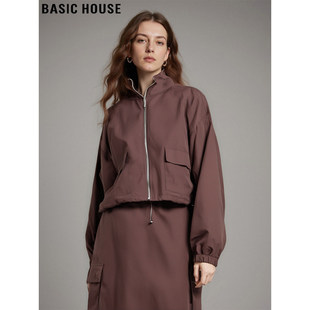 Basic House/百家好复古红短款工装外套女2026春季新款半身裙套装