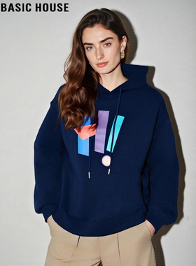 Basic House/百家好宝蓝色印花加厚连帽卫衣女秋冬宽松慵懒风上衣