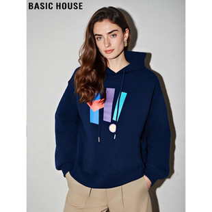 Basic 百家好宝蓝色印花加厚连帽卫衣女秋冬宽松慵懒风上衣 House