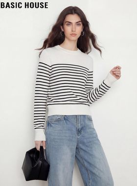 Basic House/百家好黑白条纹圆领针织衫女士2026春季新款法式上衣
