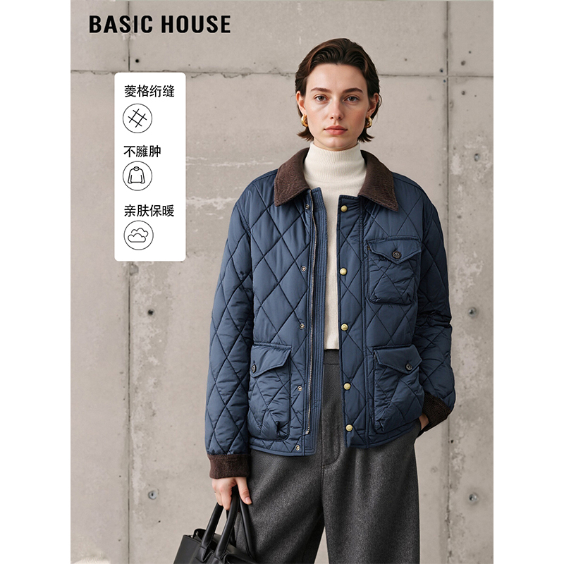 百家好高级感宝蓝色翻领菱格棉服