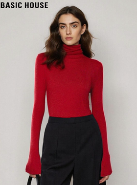 Basic House/百家好本命年红色高领针织衫女冬季羊毛修身打底毛衣