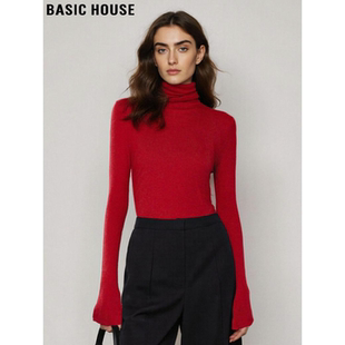 Basic House/百家好本命年红色高领针织衫女冬季羊毛修身打底毛衣