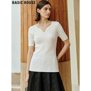 House 白色冰丝针织半袖 百家好小V领短袖 修身 上衣 T恤女夏季 Basic