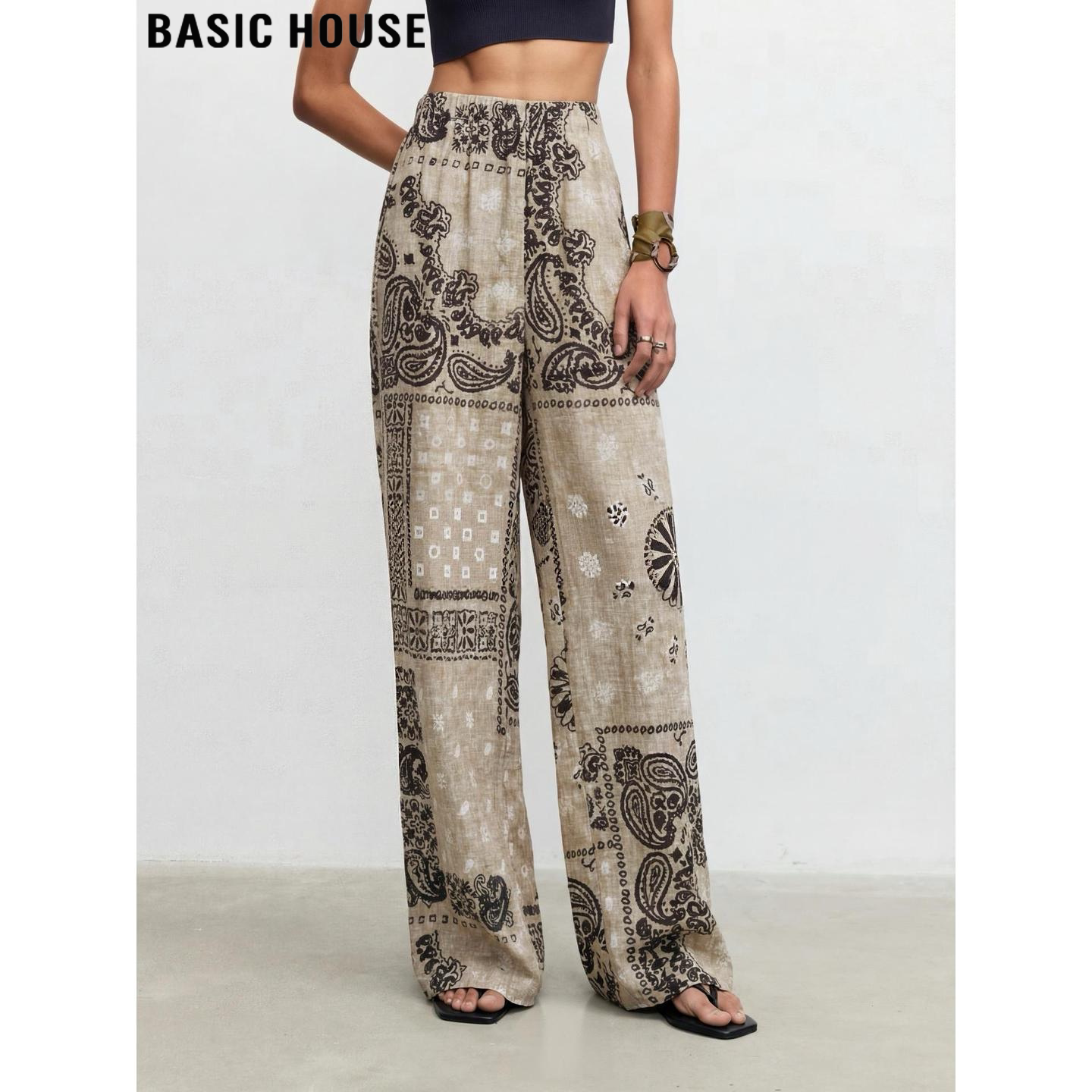 Basic House/百家好民族风印花亚麻阔腿裤女2026夏季新款休闲长裤