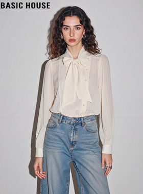 Basic House/百家好法式系带领白色衬衫女2026春季新款设计感衬衣
