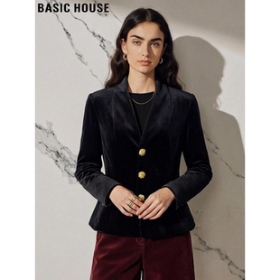 Basic House/百家好黑色金丝绒西装外套女2026春季新款V领小西服