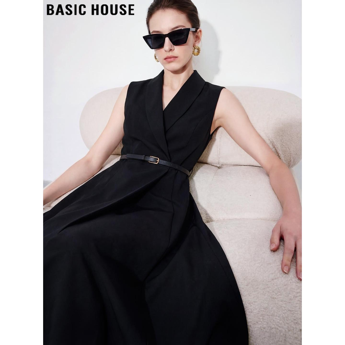 Basic House/百家好V领无袖西装连衣裙女夏季高级感收腰马甲裙子