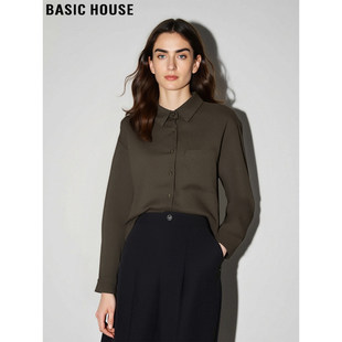 Basic House/百家好墨绿色长袖衬衫女2026春季新款叠穿POLO领上衣