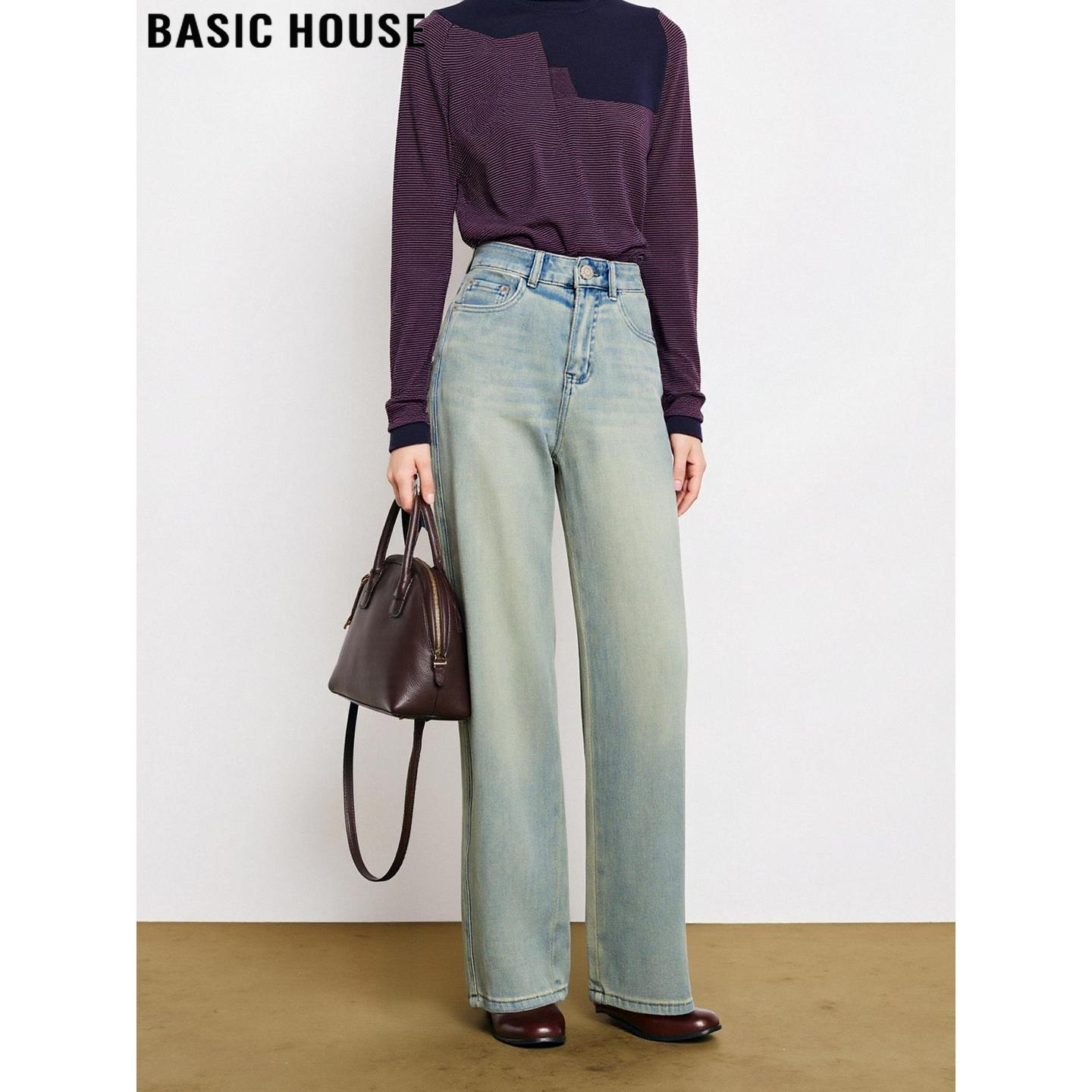 浅蓝色牛仔阔腿裤高腰直筒拖地裤