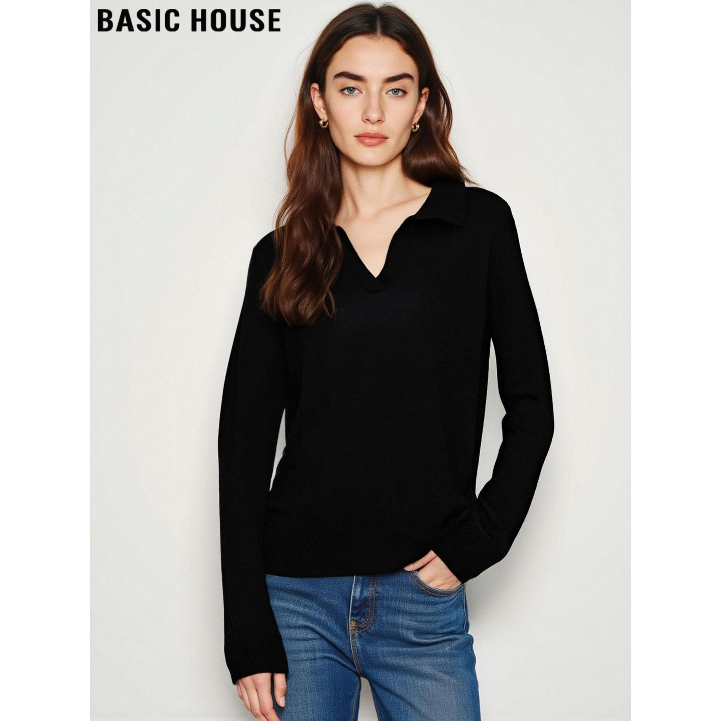 百家好气质黑色V领长袖针织衫