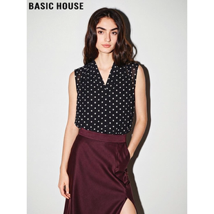 Basic House/百家好黑色波点无袖衬衫女2026夏季新款V领雪纺上衣