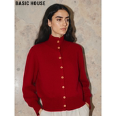 Basic 100%羊毛软糯毛衣外套 女冬季 House 百家好红色高领针织开衫