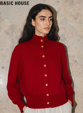 Basic House/百家好红色高领针织开衫女冬季100%羊毛软糯毛衣外套