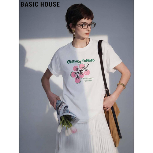 百家好白色纯棉印花短袖T恤女士