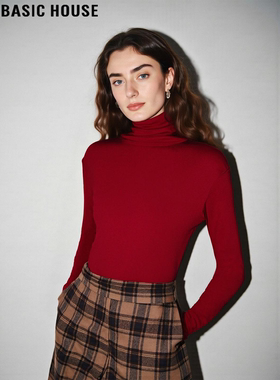 Basic House/百家好红色高领打底衫女秋冬堆堆领修身内搭长袖上衣