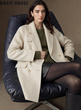 Basic House/百家好杏色毛呢外套女士冬季加厚中长款羊毛呢子大衣