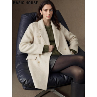 Basic House/百家好杏色毛呢外套女士冬季加厚中长款羊毛呢子大衣